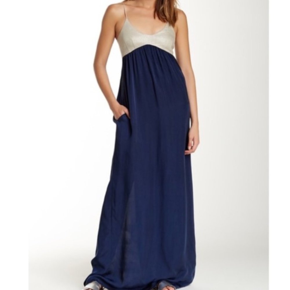 L'AGENCE Navy Summer Silk Maxi Dress with Silver Linen Bodice, Size S